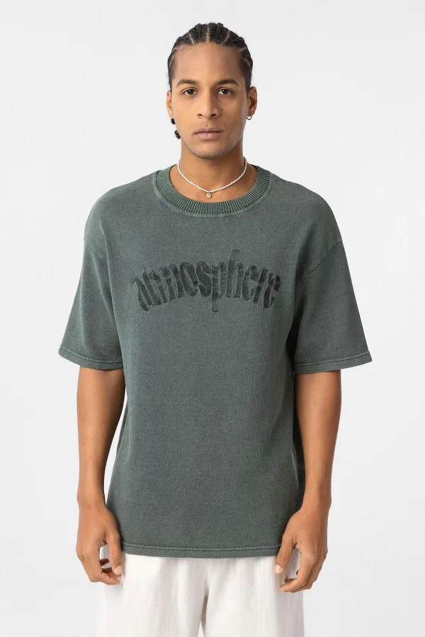 Yıkamalı Oversize Baskılı Tişört Yeşil