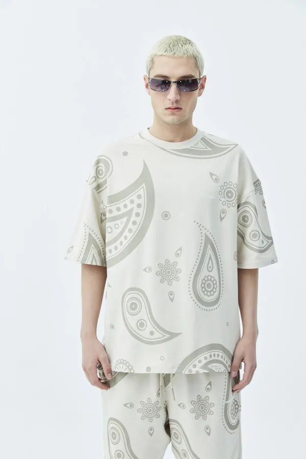 Oversize Desenli Şort Tişört Takım Bej