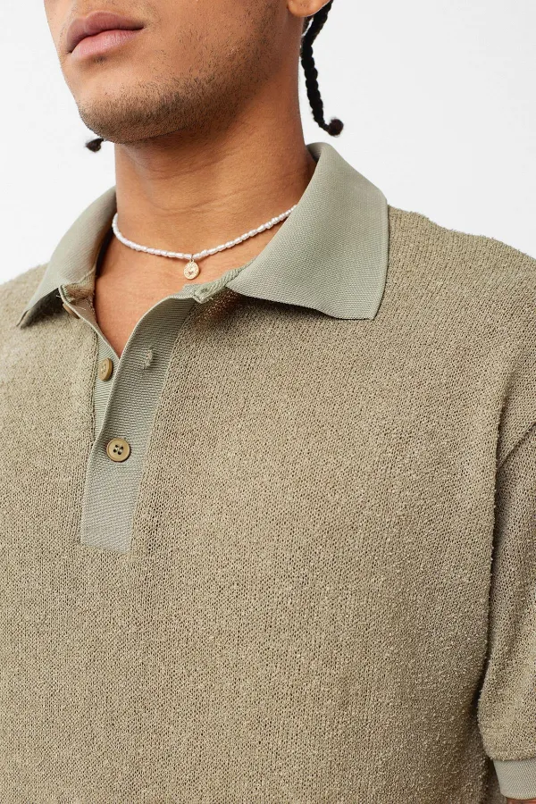 Polo Yaka Triko Oversize Tişört Haki