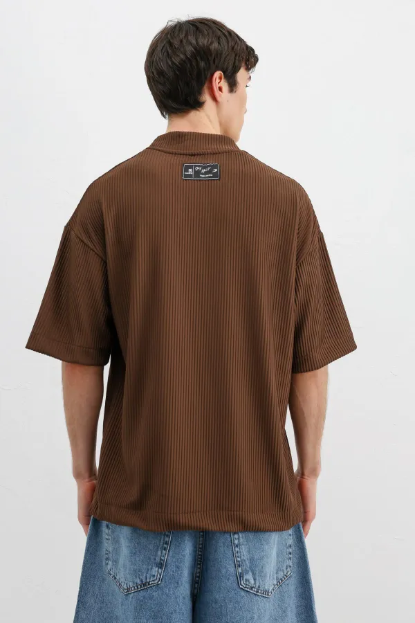 Baskılı Fitilli Oversize Tişört Kahve