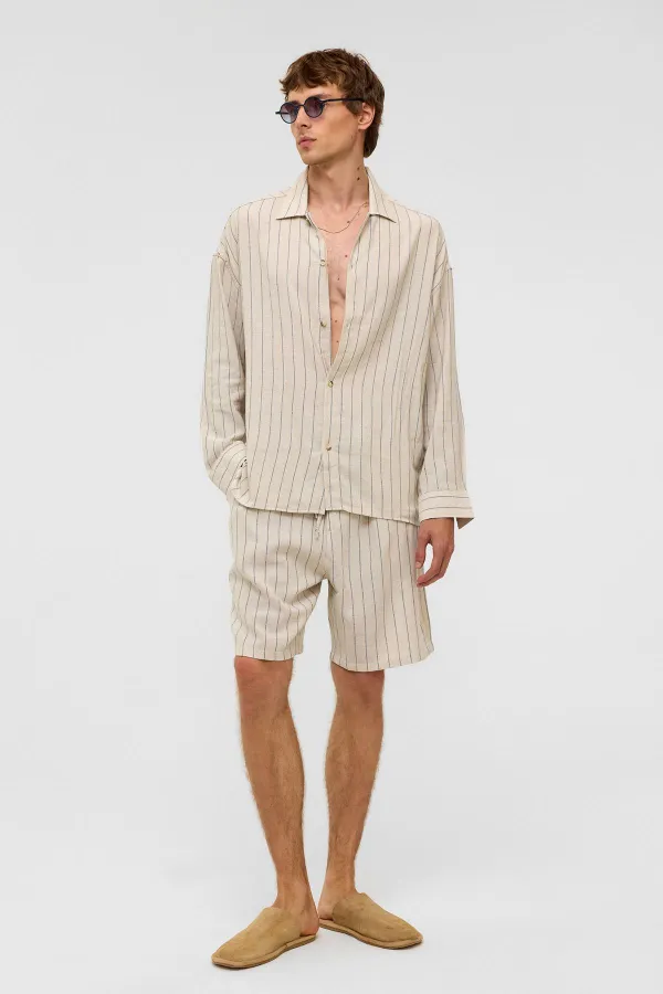 Oversize Long-Sleeved Striped Linen Shirt Indigo
