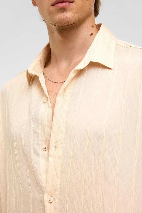 Oversize Striped Short-Sleeved Modal Fabric Shirt, Beige