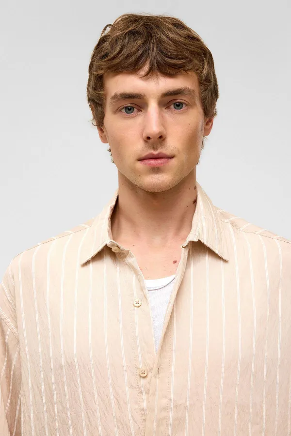 Oversize Çizgili Uzun Kol Gömlek Taş