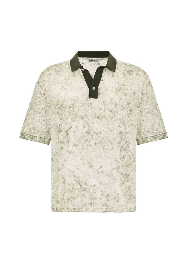 Yıkamalı Oversize Polo Yaka Tişört Haki