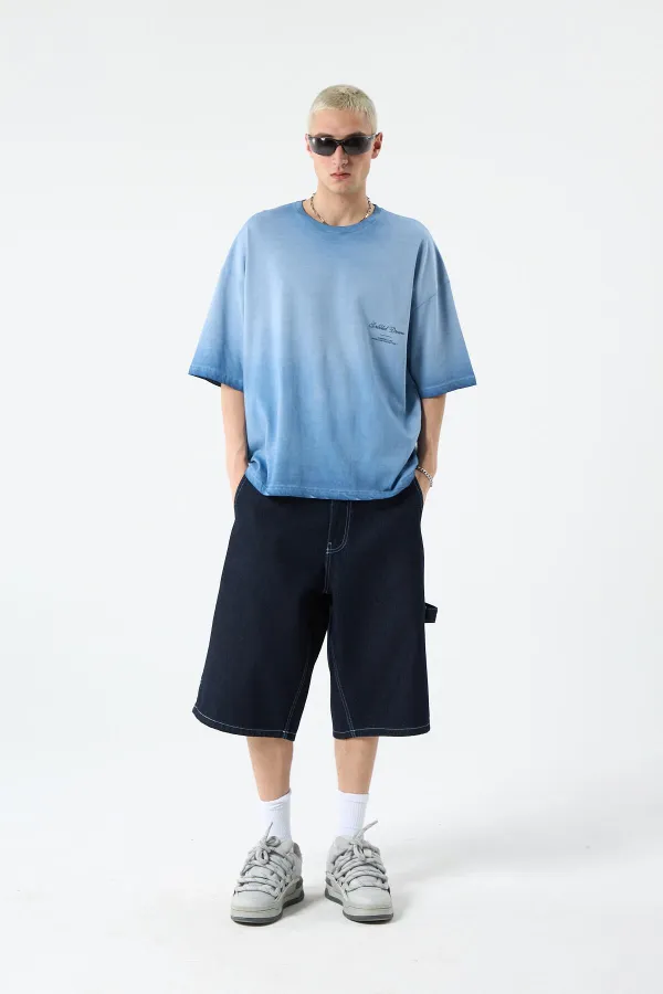 Yıkamalı Crop Tişört Açık Mavi