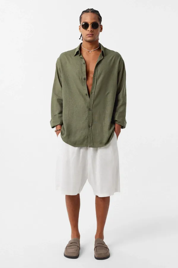 Basic Oversize Uzun Kollu Keten Gömlek Haki
