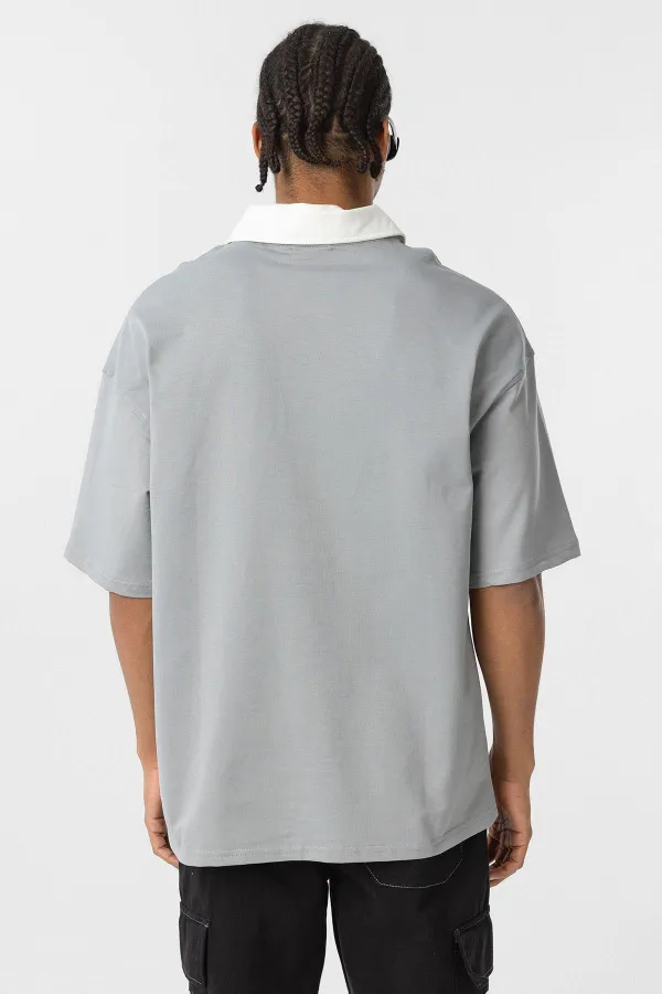 Polo Yaka Oversize Baskılı Tişört Gri