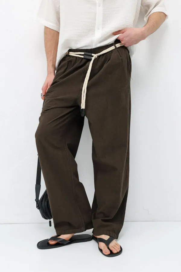 Kemer Detaylı Oversize Keten Pantolon Kahve