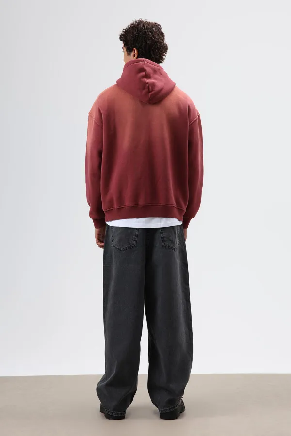 Oversize Printed Washed Hoodie Burgundy
