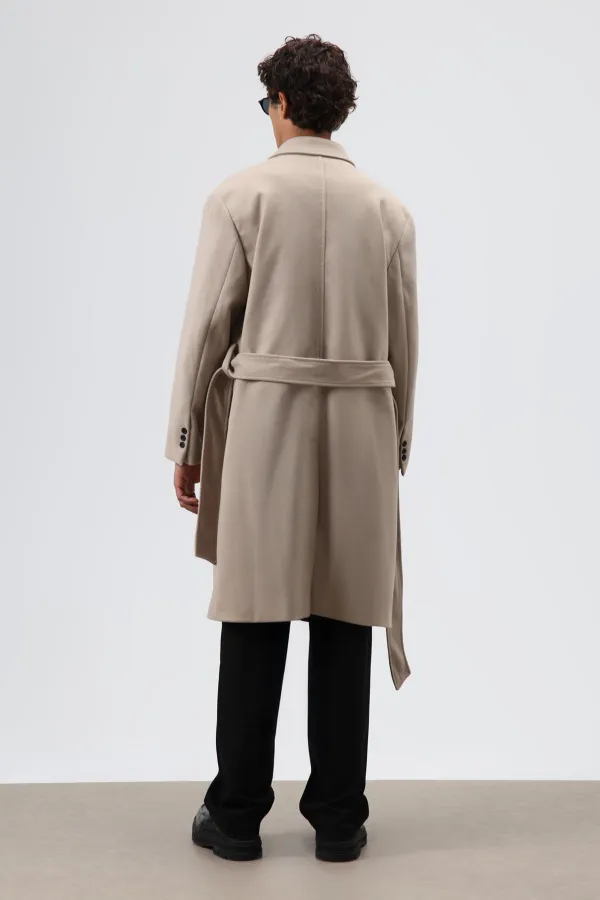 Oversize Kruvaze Kaşe Kaban Bej