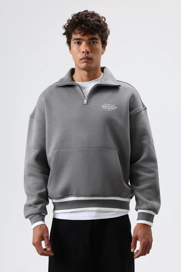 Sweat-shirt oversize à col polo, gris foncé