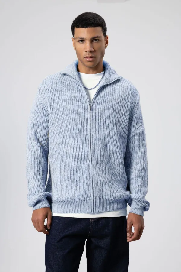 Oversize Zip-Up Knitted Cardigan, Baby Blue