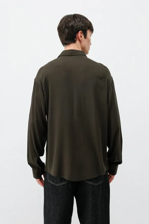 Hafif Dokulu Oversize Gömlek Kahve