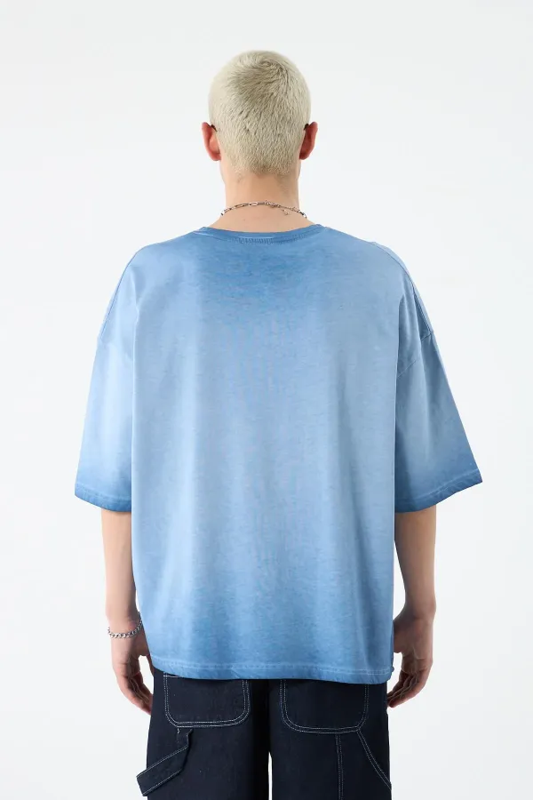 Yıkamalı Crop Tişört Açık Mavi