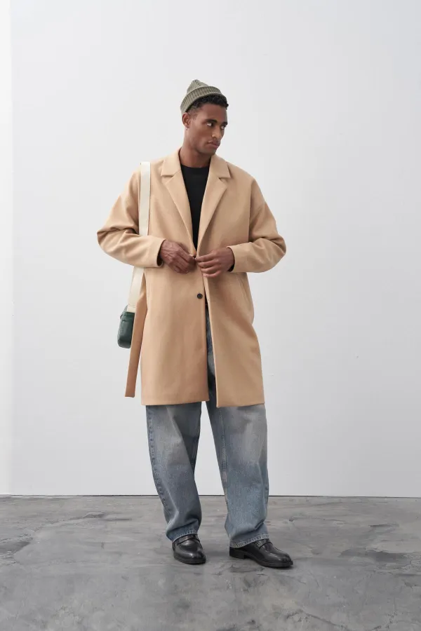 Kemerli Oversize Kaşe Kaban Vizon