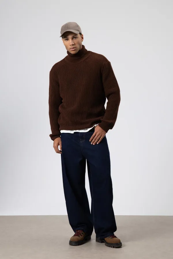 Oversize Triko Boğazlı Kazak Kahve