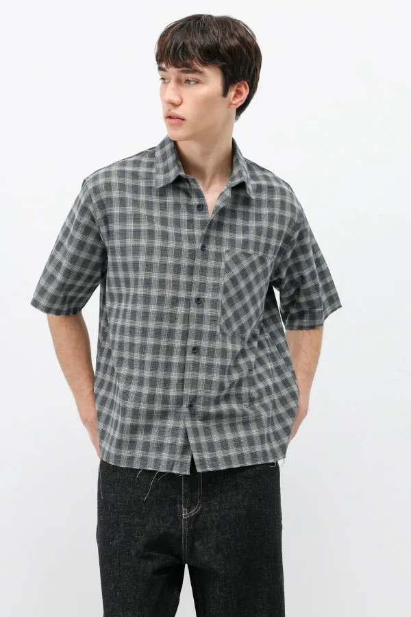 Checked Short-Sleeved Oversize Shirt, Khaki