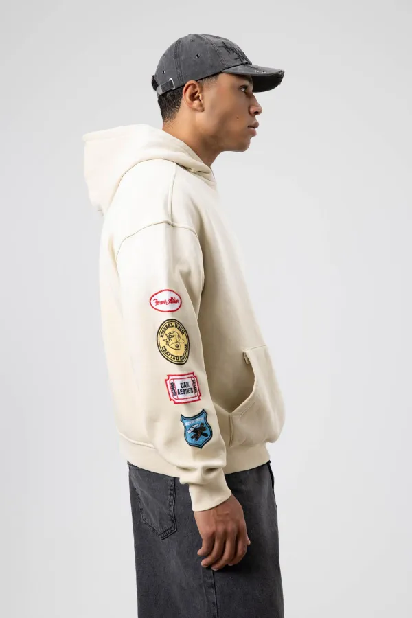 Oversize Baskılı Kapüşonlu Sweatshirt Bej