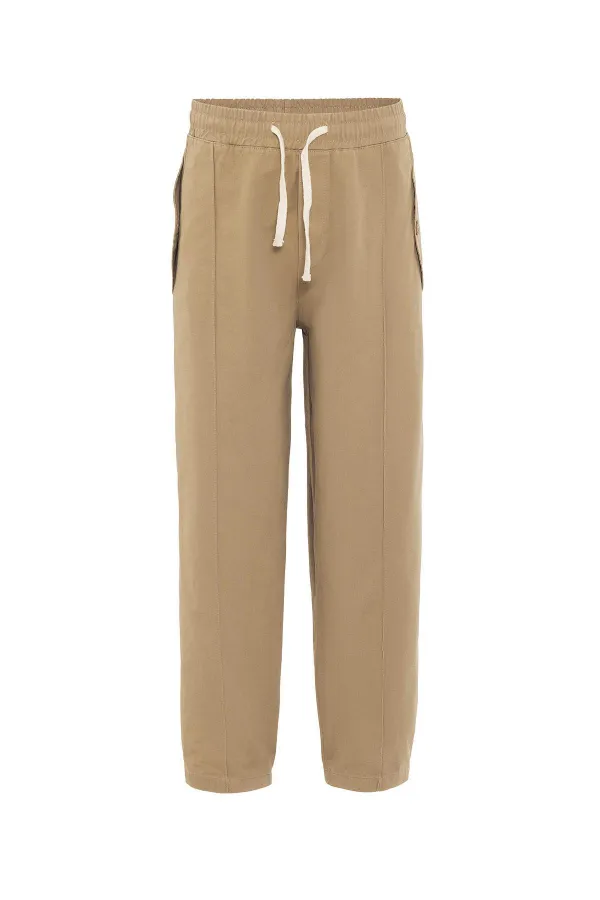 Pantalon ample en gabardine à lacets, beige
