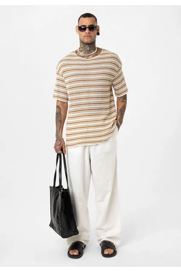 Çizgili Oversize Triko Tişört Camel