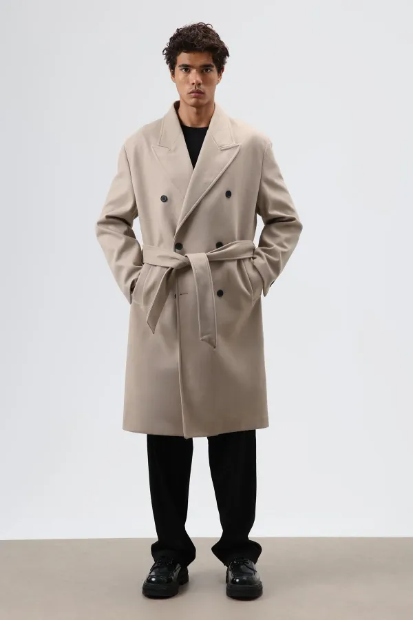 Oversize Kruvaze Kaşe Kaban Bej