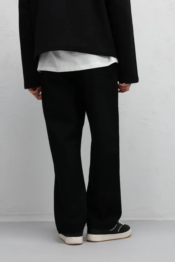 Pileli Zincir Detaylı Baggy Jean Siyah