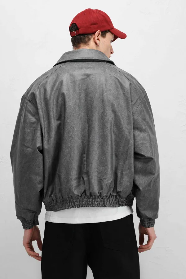 Oversize Deri Bomber Ceket Gri