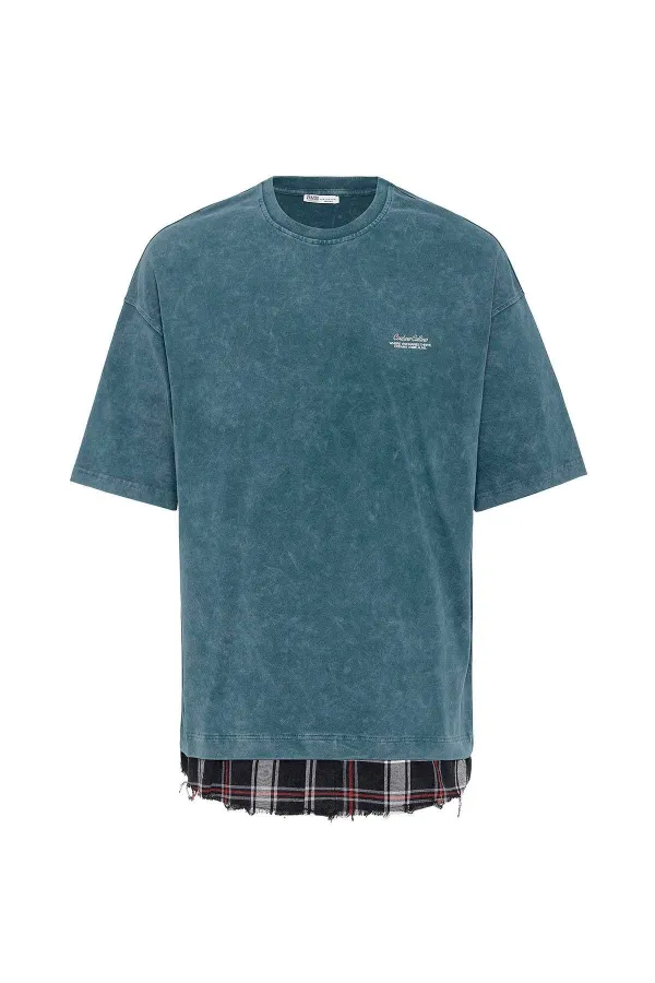 Washed Oversize Plaid Detail T-Shirt, Petrol