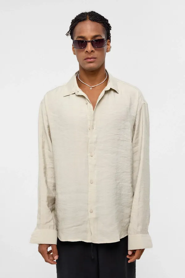 Basic Oversize Long-Sleeve Modal Blend Shirt, Beige