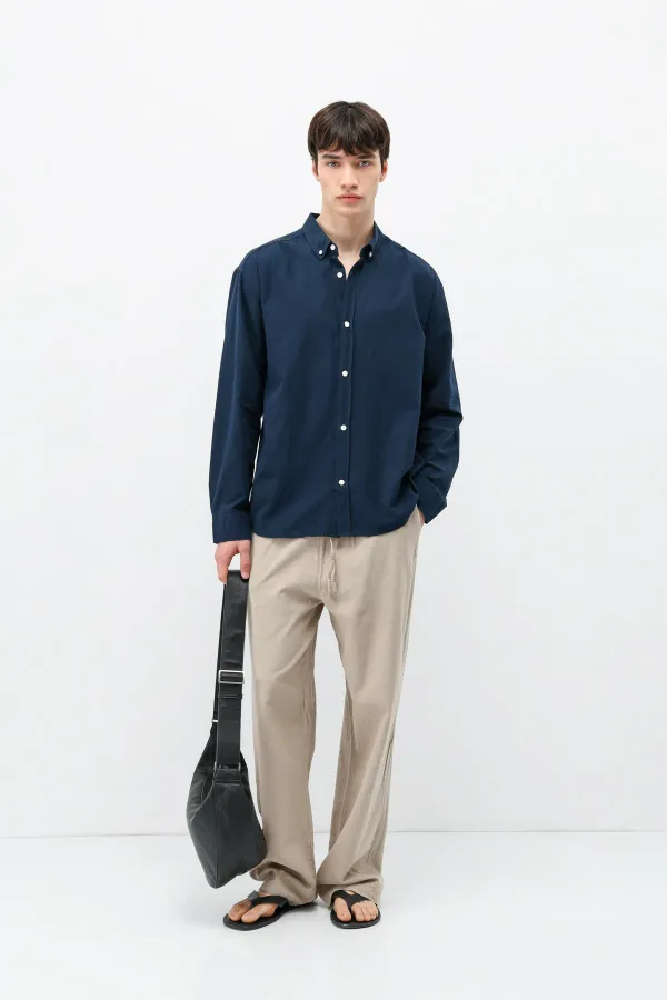 Basic Oversize Pamuk  Keten Gömlek Lacivert