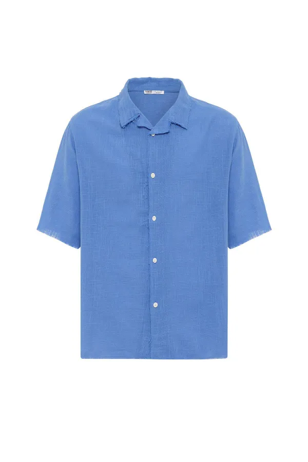 Dikişsiz Kısa Kol Cepsiz Oversize Keten Gömlek Saks