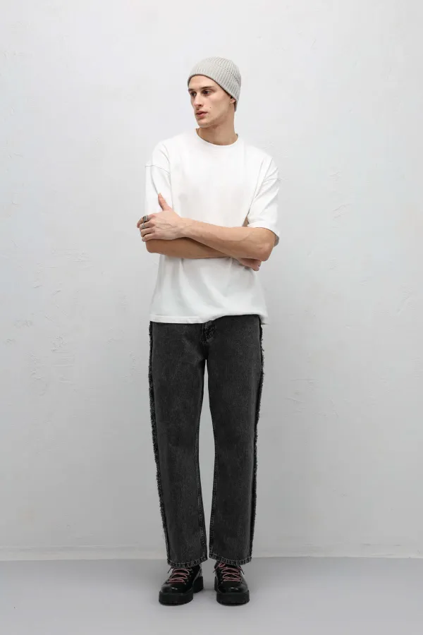 Yan Dikiş Detaylı Baggy Jean Gri