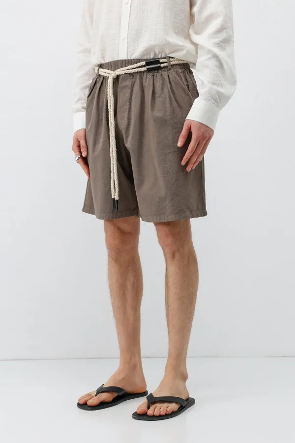 Kemerli Oversize Keten Şort Vizon