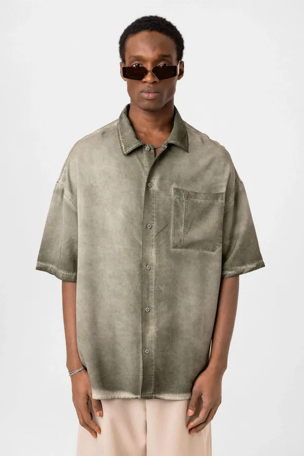 Yıkamalı Kısa Kollu Oversize Gömlek Haki