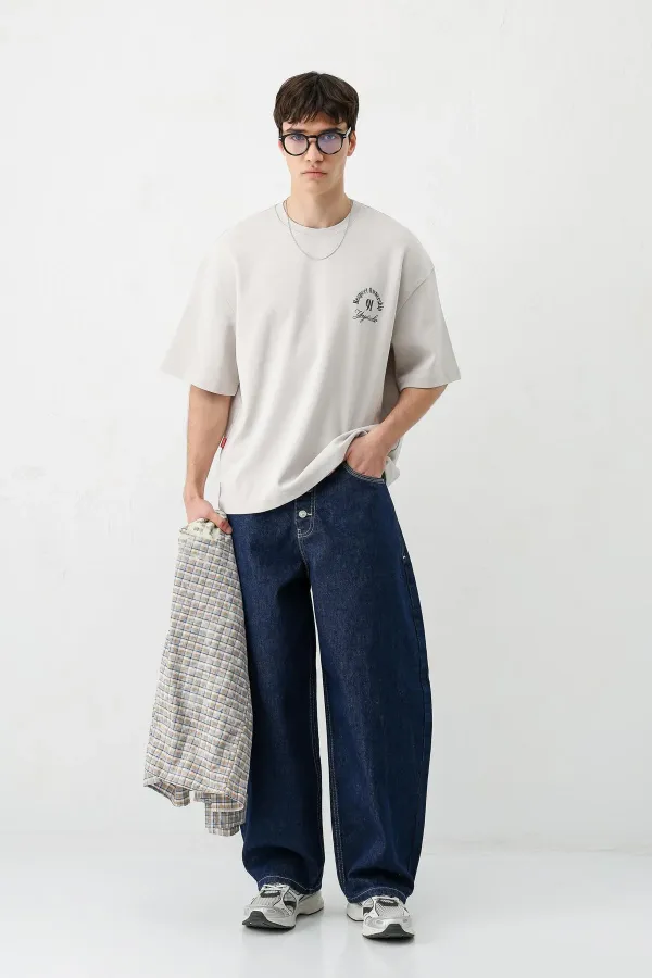 Kısa Kollu Boxy Fit Baskılı Tişört Ice Grı