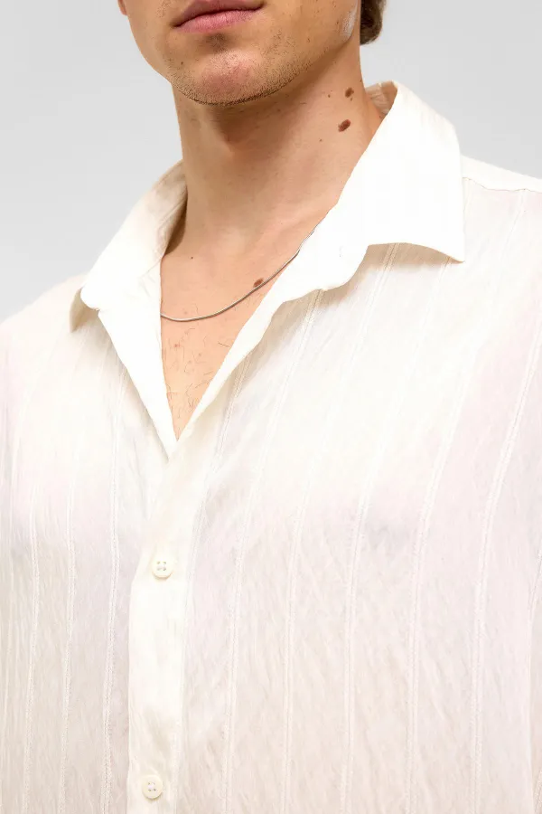 Oversize Striped Short-Sleeved Modal Fabric Shirt, White