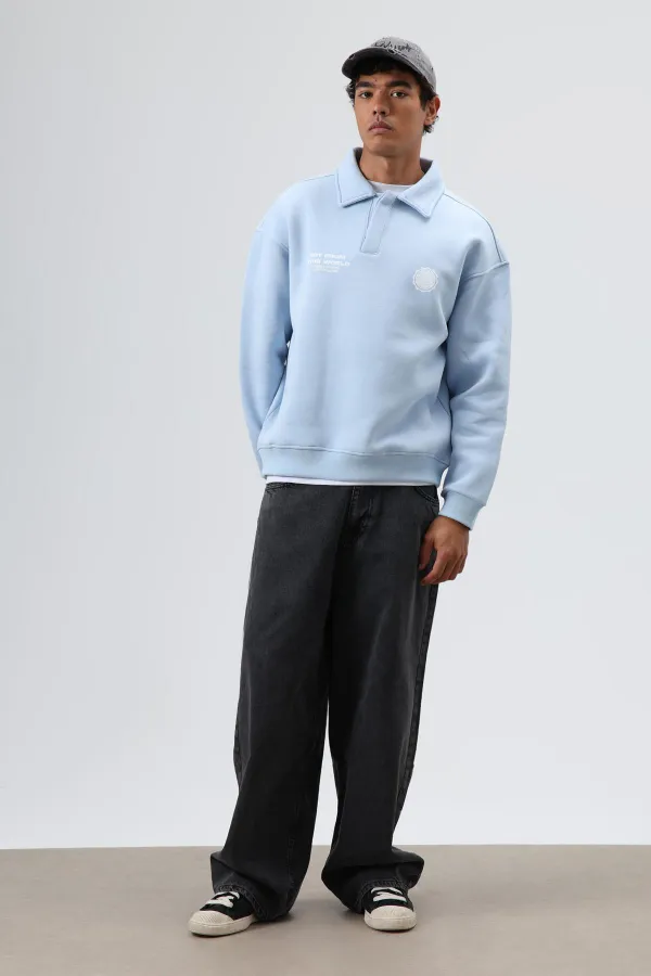 Sweat-shirt oversize à col polo imprimé délavé bleu ciel