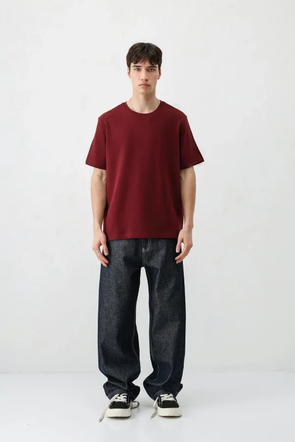 Kısa Kollu Boxy Fit Tişört Bordo