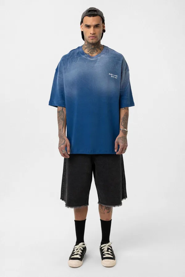 T-shirt oversize délavé avec détail texte, indigo