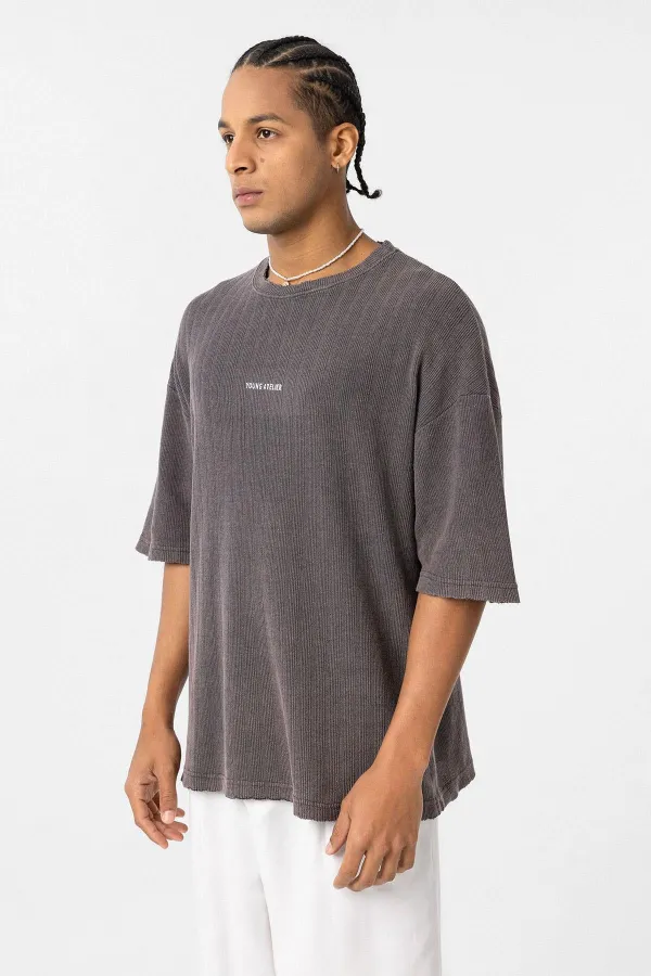 Yıkamalı Arka Baskılı Oversize Tişört Kahve