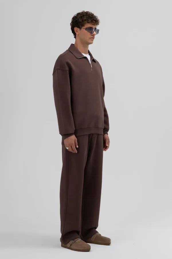 Oversize Zip-Up Stand-Up Collar Sweatshirt, Brown