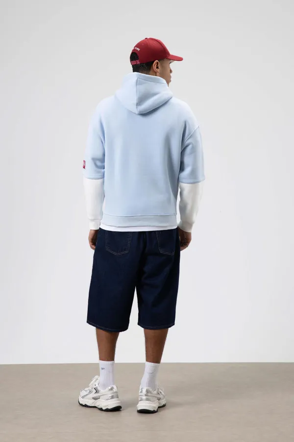 Oversize Baskılı Kapüşonlu Sweatshirt Bebe Mavi