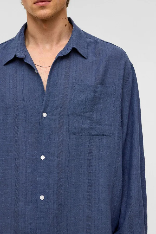 Oversize Çizgili Uzun Kollu Keten Gömlek Lacivert