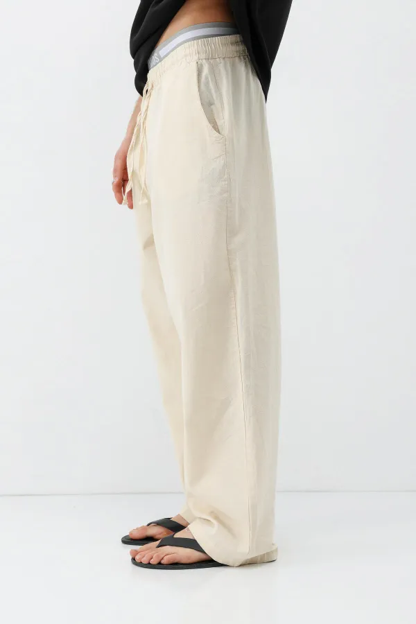 Bel Lastikli Baggy Fit Keten Pantolon Naturel