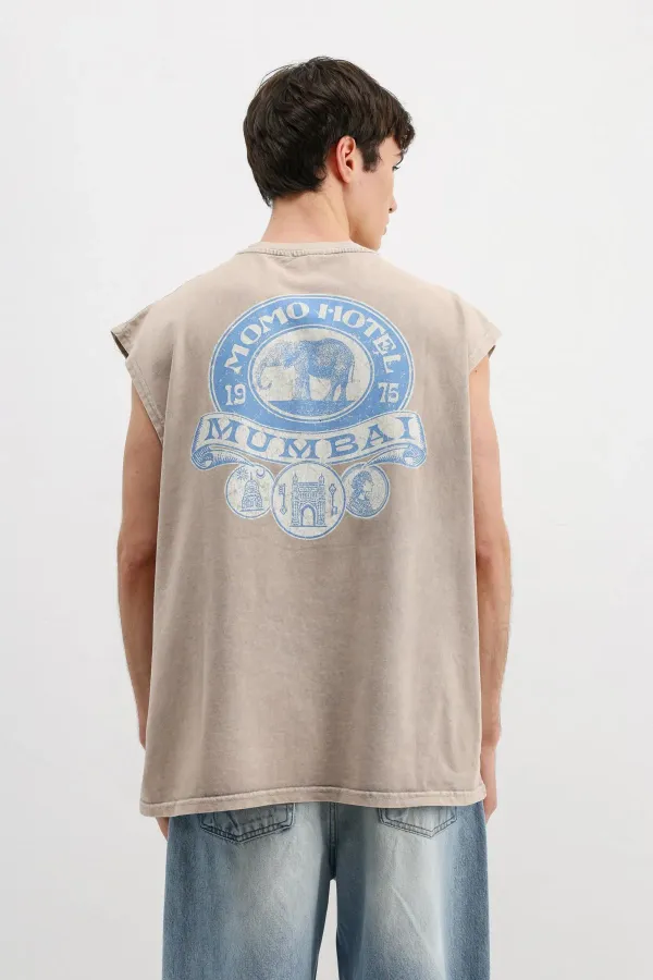 Printed Sleeveless Oversize T-Shirt Beige