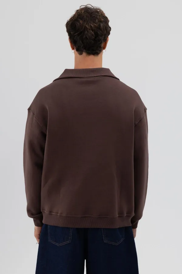 Basic Zip-Up Stand-Up Collar Sweatshirt, Brown