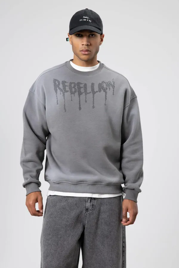 Sweat-shirt oversize imprimé délavé, gris foncé