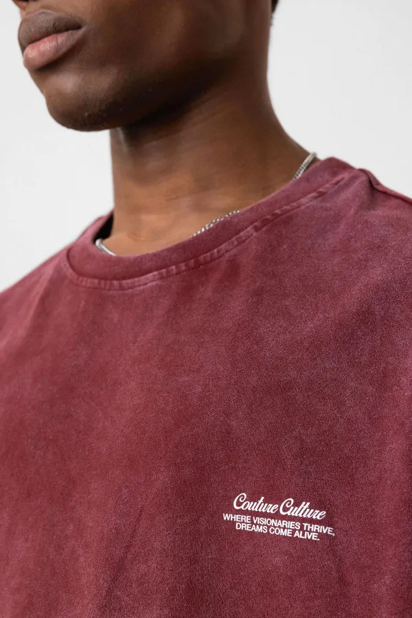 Yıkamalı Oversize Ekose Detaylı Tişört Bordo