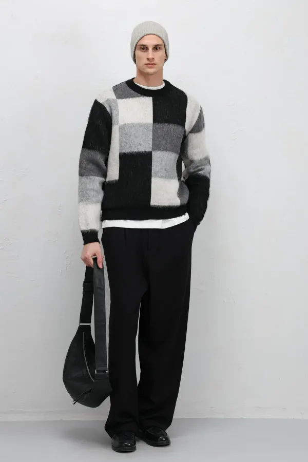 Pull oversize à carreaux en maille, noir