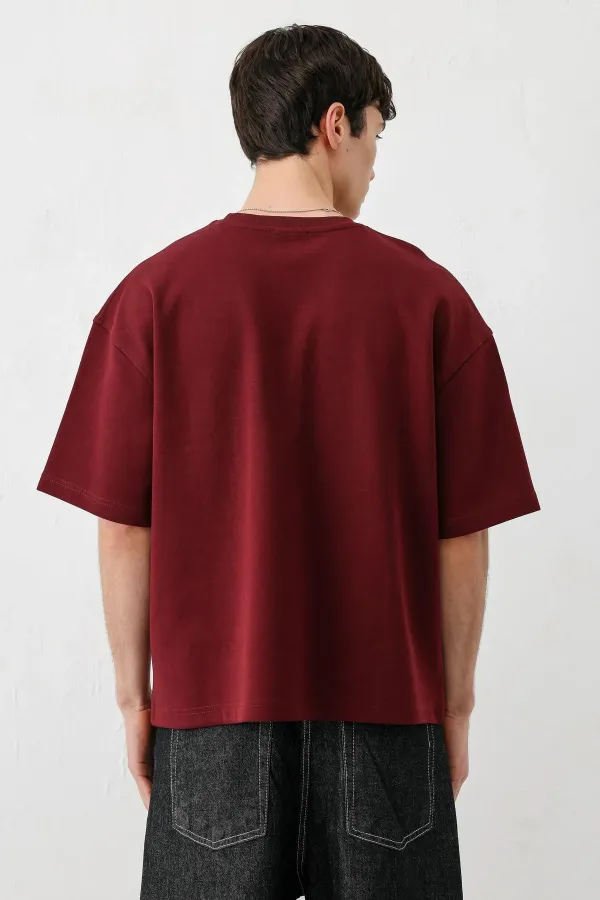 Kısa Kollu Boxy Fit Baskılı Tişört Bordo
